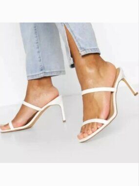 White Double Strap Mules Heels Sandals - Wide Width